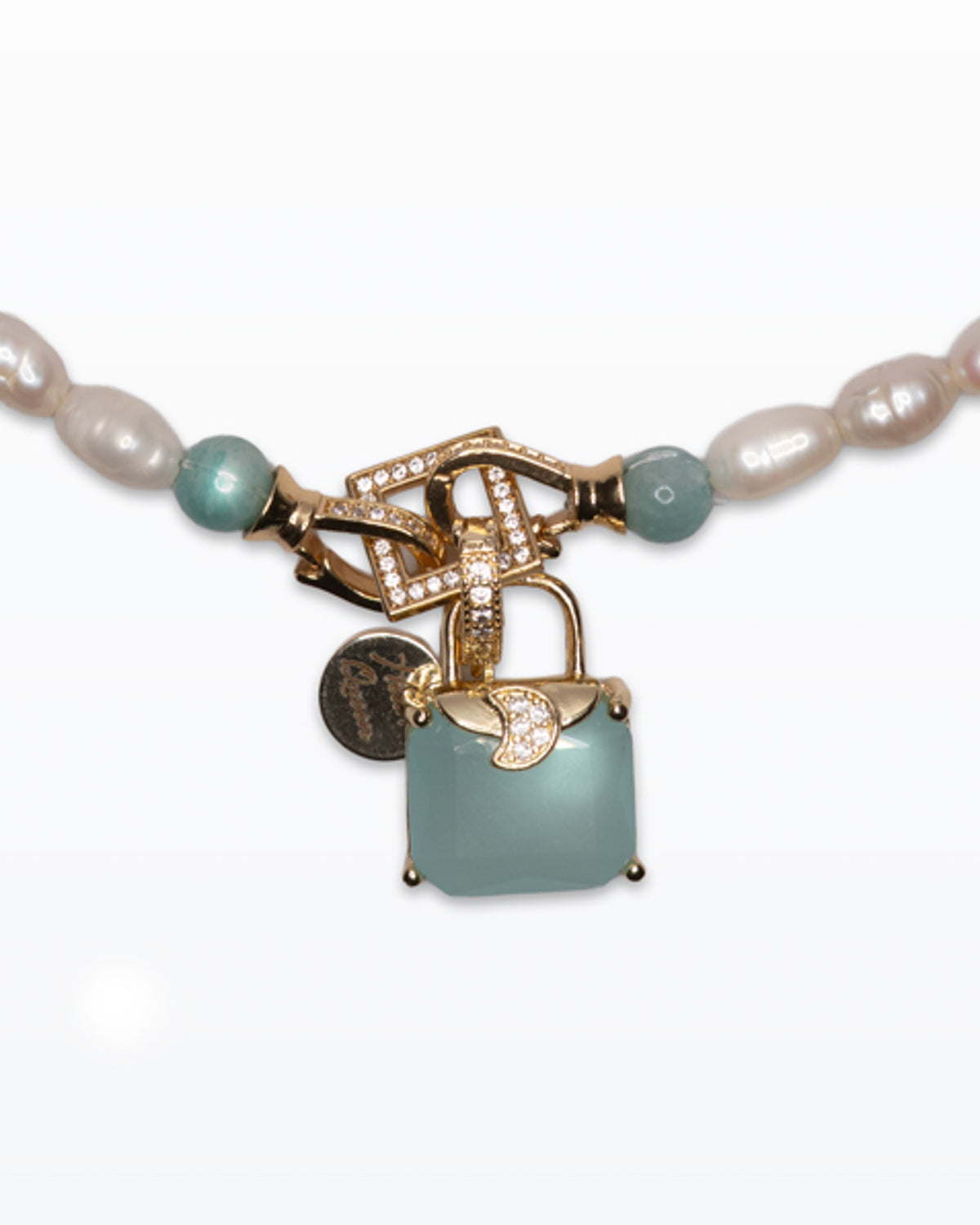 Pearl Pop – Collana con perle, chiusura e mini bag turchese